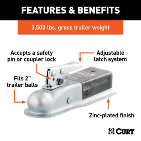 Curt 2" Straight-Tongue Coupler With Posi-Lock (2-1/2" Channel, 3,500 Lbs, Zinc) product photo