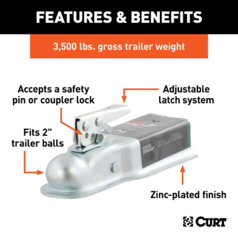 Curt 2" Straight-Tongue Coupler With Posi-Lock (3" Channel, 3,500 Lbs, Zinc) product photo