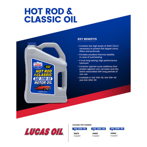 Lucas Oil Hot Rod & Classic Car SAE 20W-50 Motor Oil - 5 Quart product photo