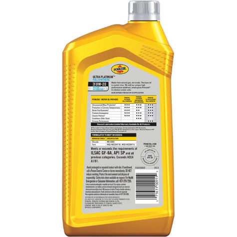 Pennzoil Ultra Platinum Synthetic SAE 0W-20 Motor Oil - Quart product photo