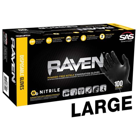 SAS Safety Raven Powder-Free Nitrile Disposable Glove, Large, 6 mil Thick, Pack of 100 product photo